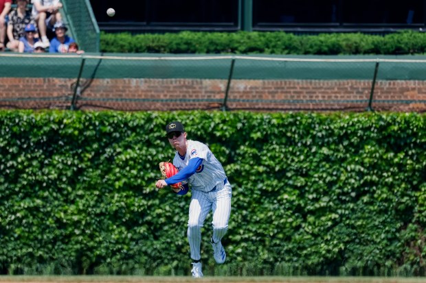 Chicago Cubs outfielder Pete Crow-Armstrong (52) throws in a ball from the outfield during a game against the Pittsburgh Pirates on Friday, May 17, 2024, at Wrigley Field in Chicago. (Vincent Alban/Chicago Tribune)