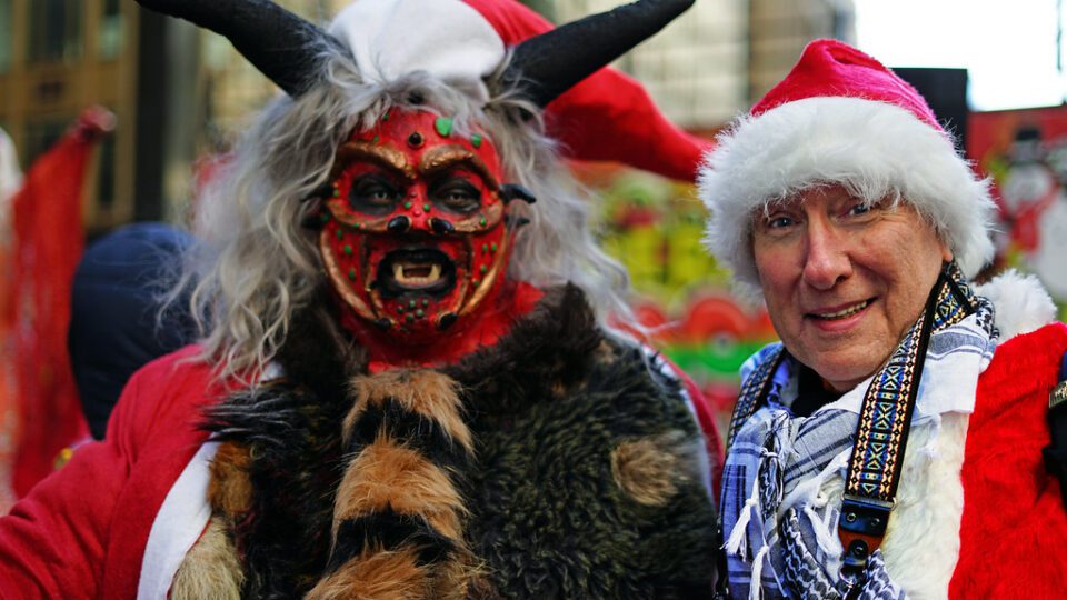 Israeli (Krampus) Santa (L) & Palestinian Santa (R)  at SANTACON NYC 2024  DSC01497