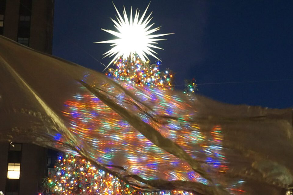 Rockefeller Center Christmas tree captured through the gold flags around the ice rink